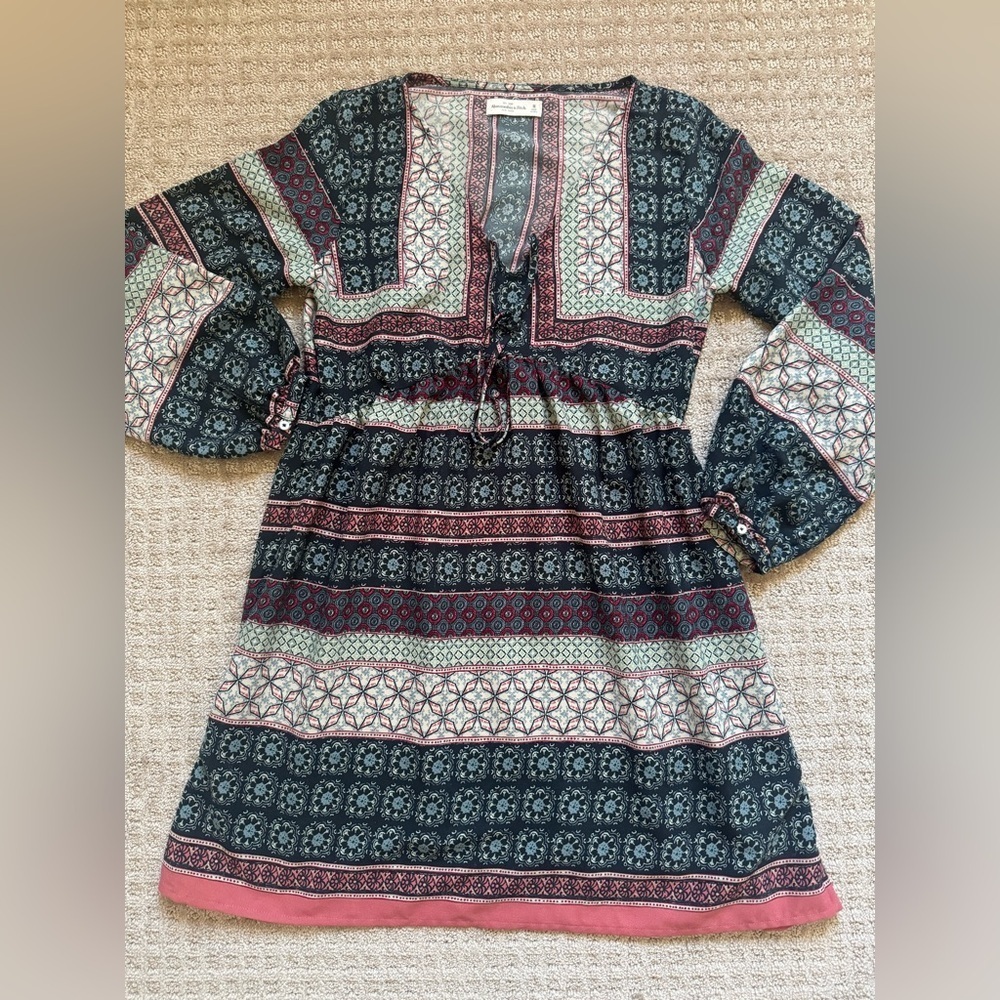 Abercrombie & Fitch long balloon sleeve peasant dress bohemian print V-neck